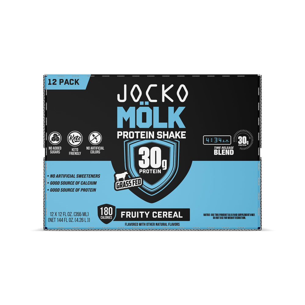 Glass with Jocko Mölk drink showcases keto-friendly, sugar-free protein option.