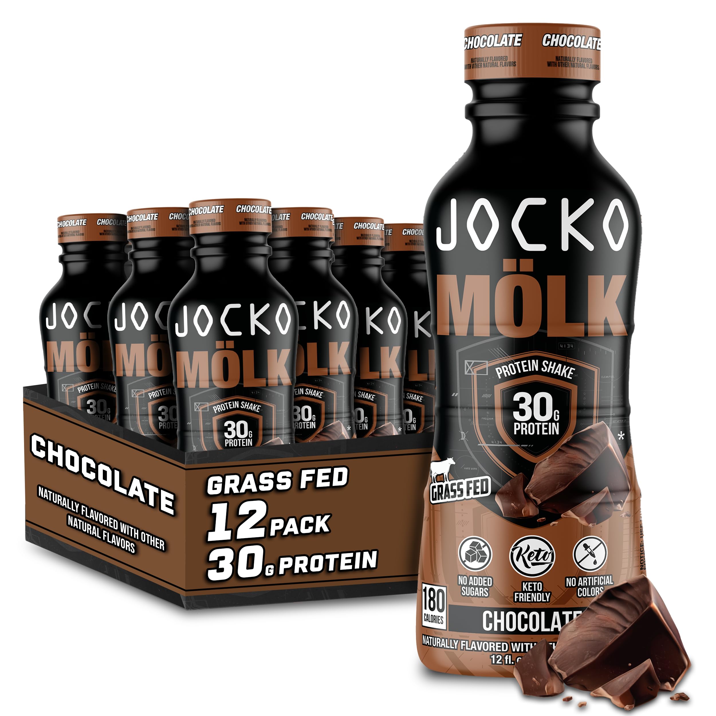 Jocko Mölk bottle with chocolate flavor, ideal for post-workout recovery.
