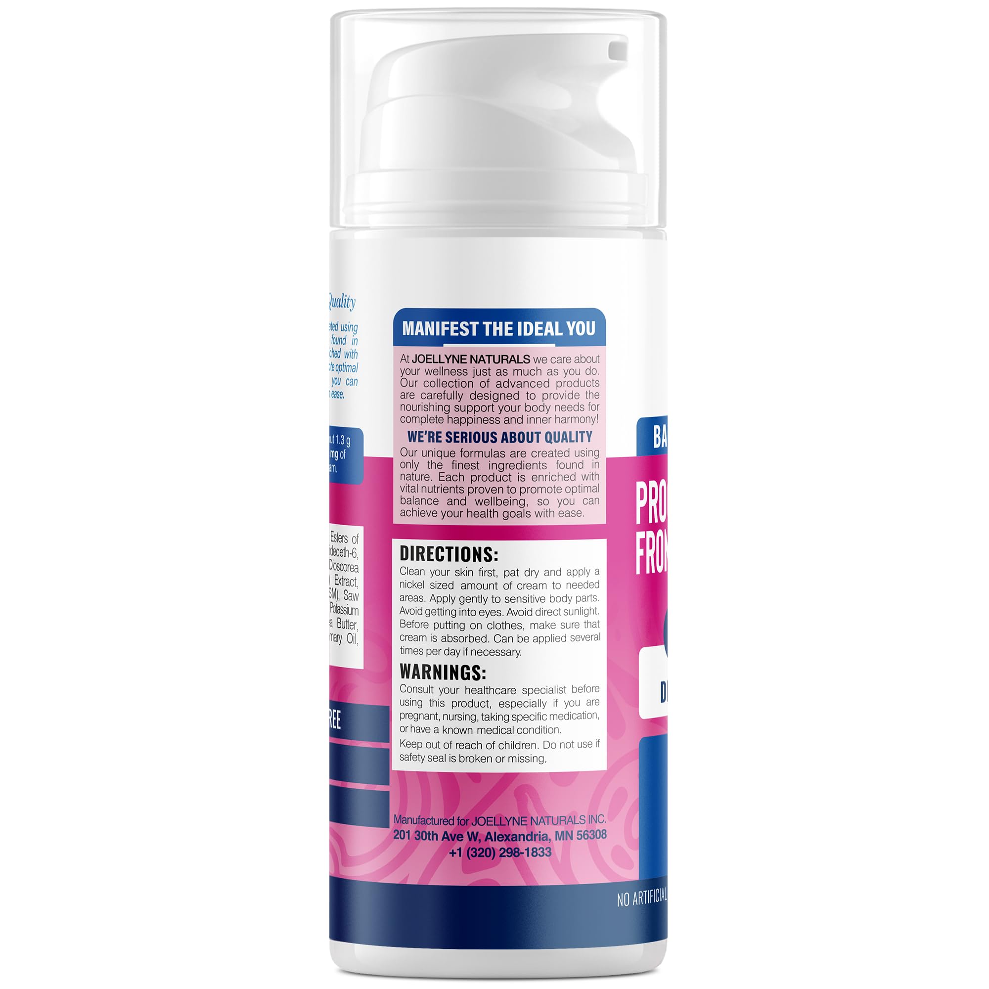 Joellyne Naturals Wild Yam Dong Quai Cream packaging back notes airless pump for precise dosing