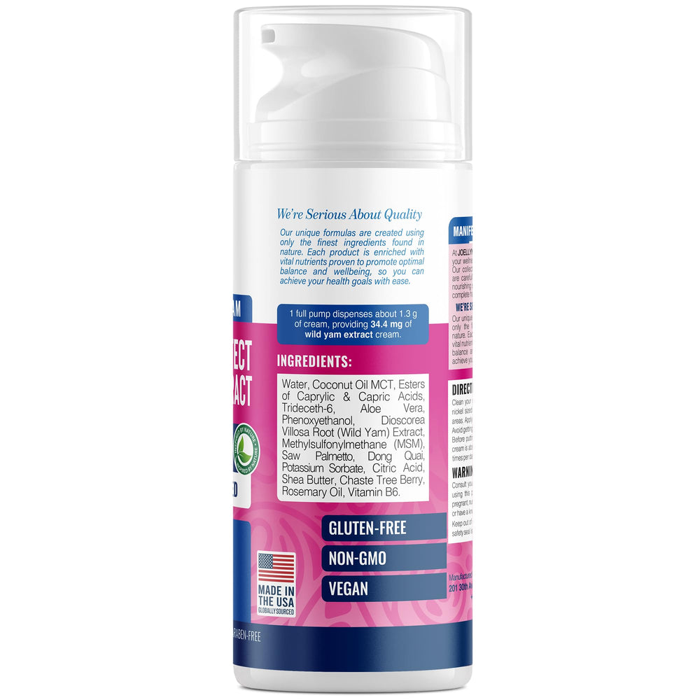 Joellyne Naturals Wild Yam Dong Quai Cream packaging front emphasizes USA-made, paraben-free formula