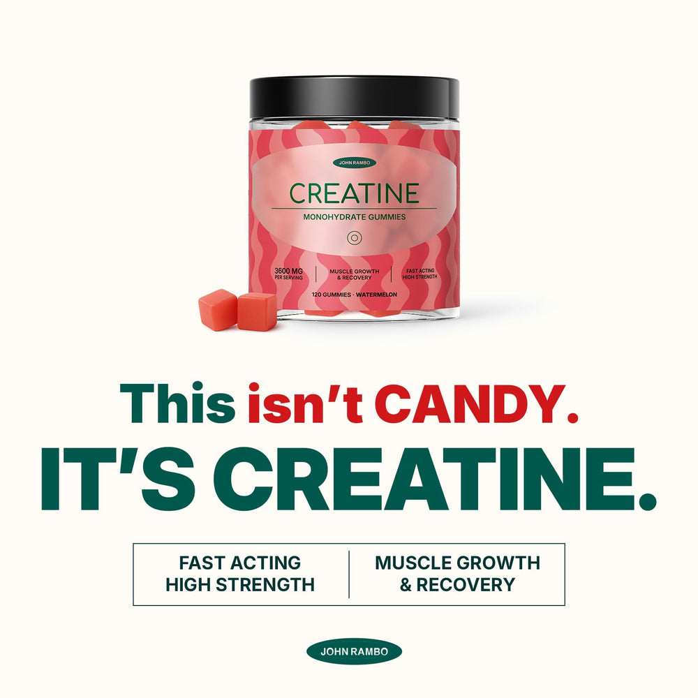 John Rambo Creatine Gummies bottle on a kitchen counter ready for workouts.