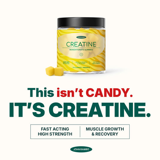 John Rambo Creatine Gummies bottle pour highlights convenient, mess-free daily intake