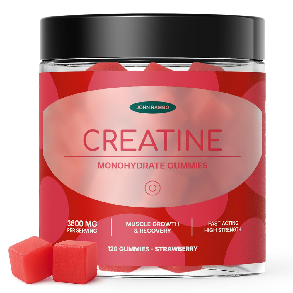 JOHN RAMBO Creatine Gummies bottle shows 3600 mg serving for strength