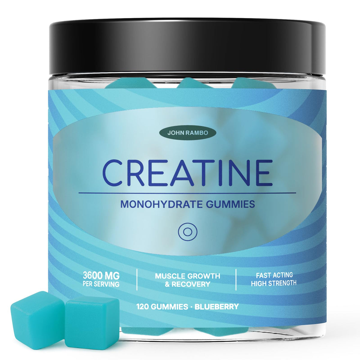 JOHN RAMBO Creatine Gummies bottle with a clear label for daily use