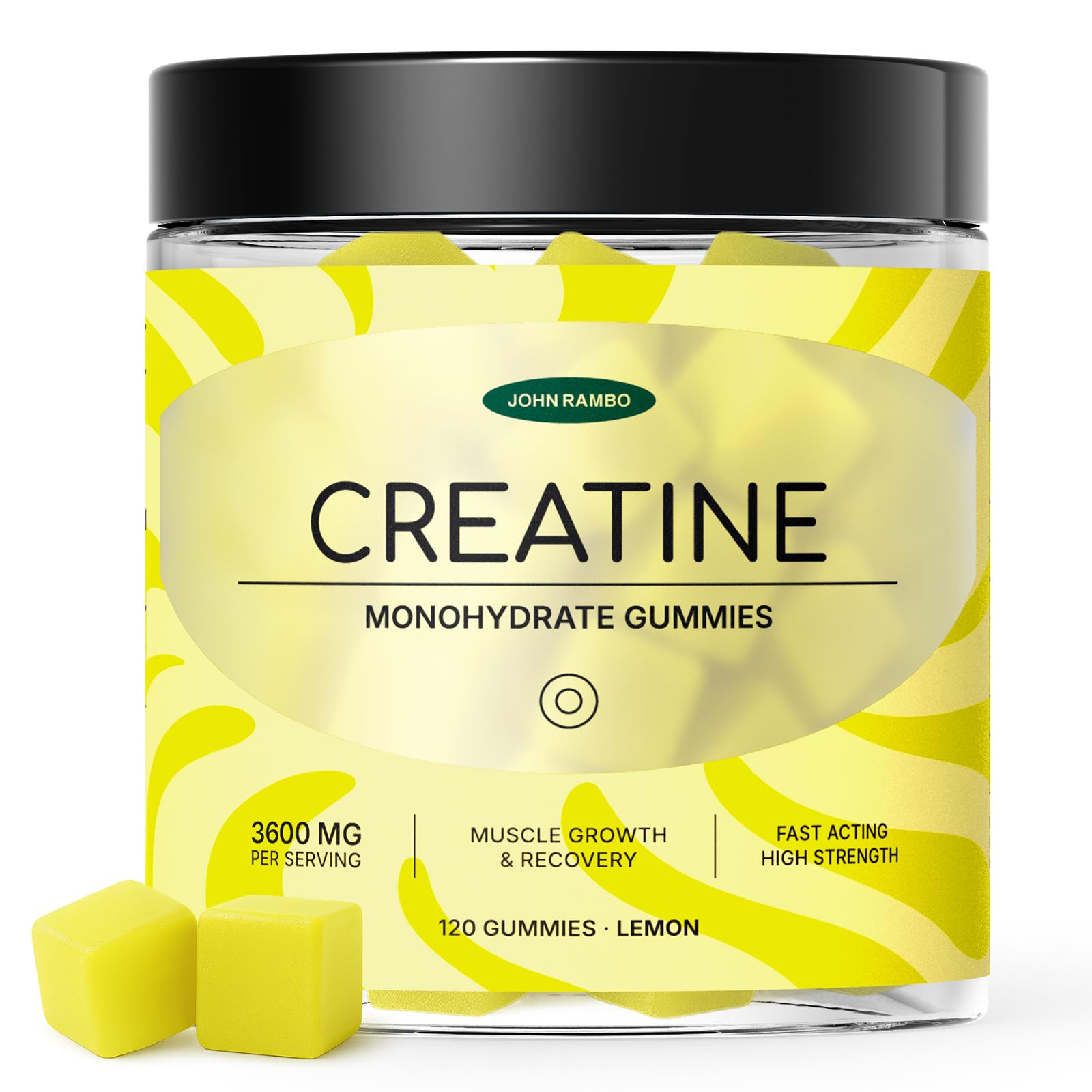 John Rambo Creatine Gummies jar front view highlighting convenient 3600mg serving.
