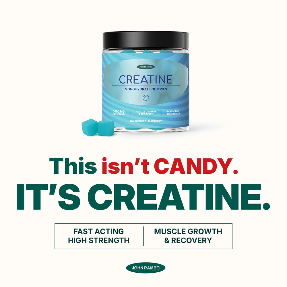 JOHN RAMBO Creatine Gummies serving shows 3.6 g per serving for dosing