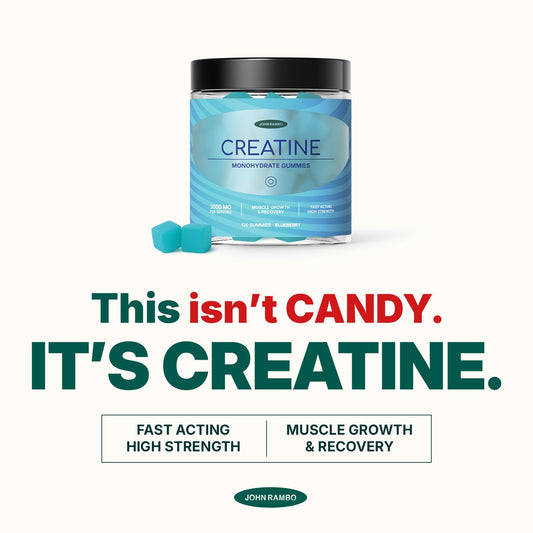 JOHN RAMBO Creatine Gummies serving shows 3.6 g per serving for dosing