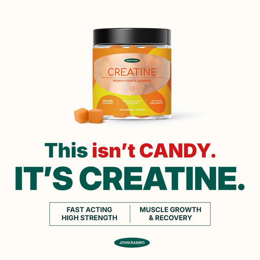 JOHN RAMBO Creatine Monohydrate Gummies in hand highlights convenient daily intake