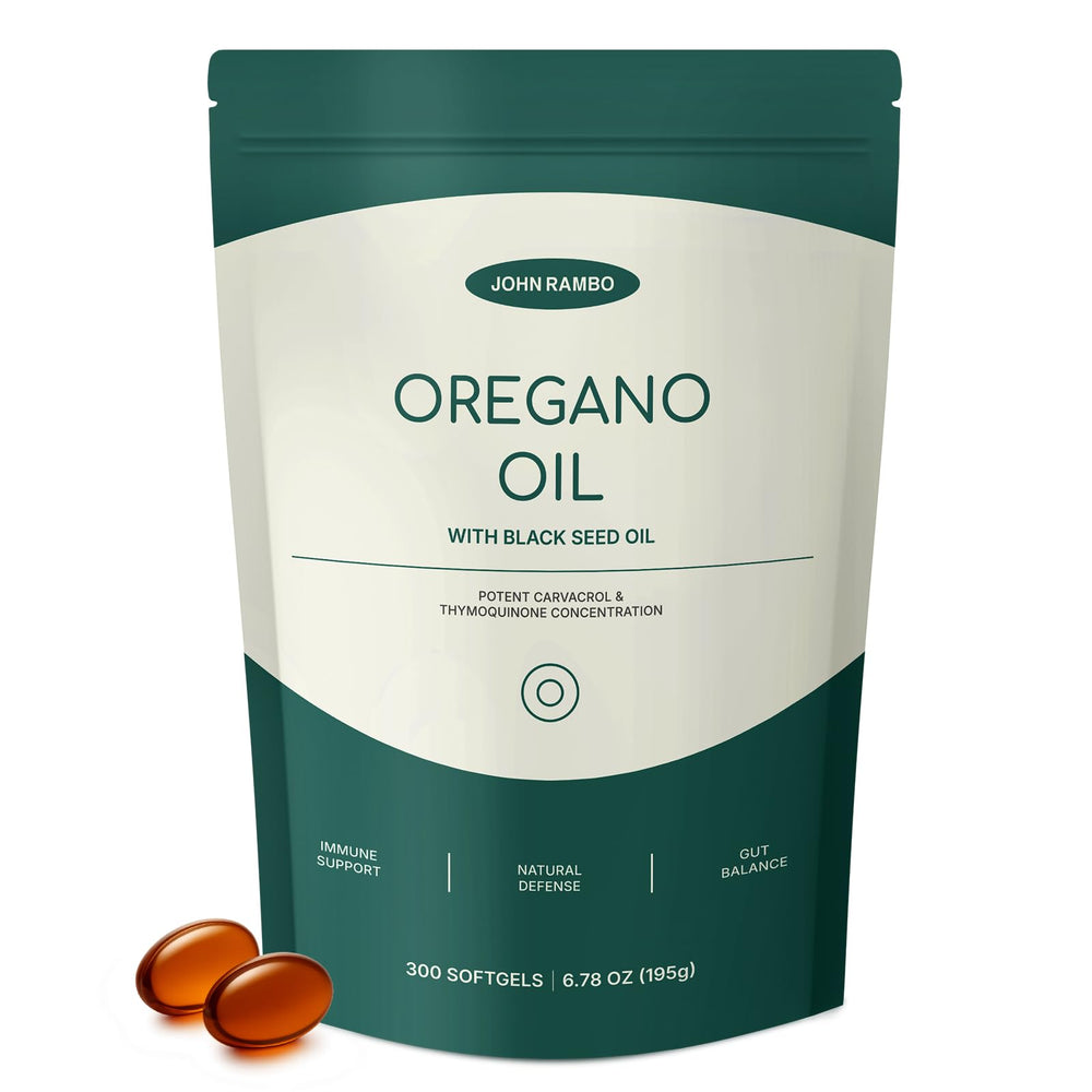 John Rambo Oil of Oregano with Black Seed Oil bottle front showing potent blend for daily wellness