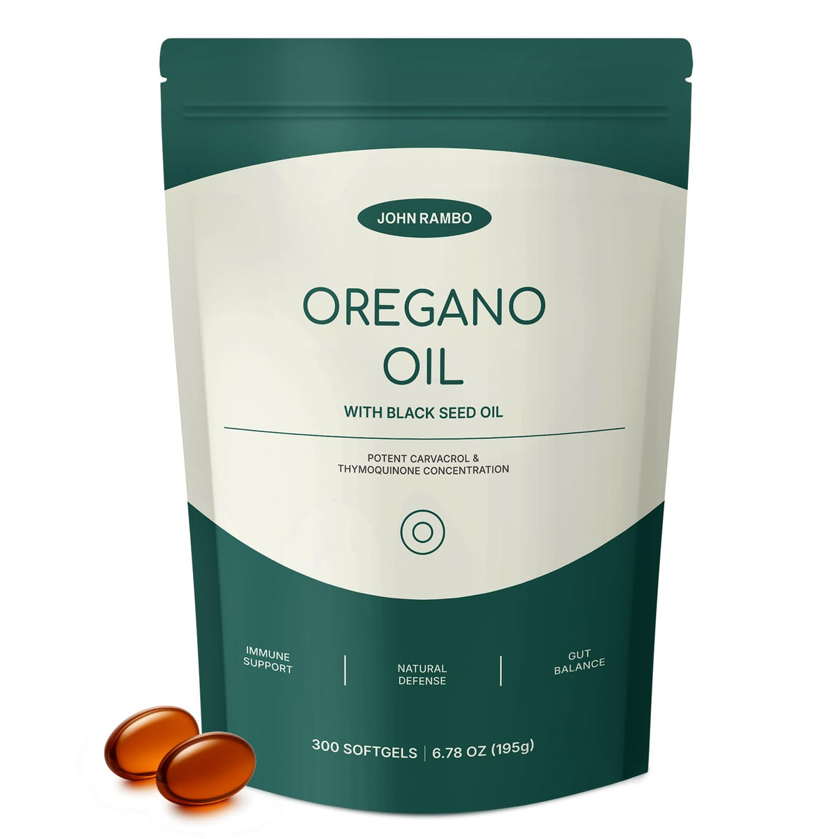 John Rambo Oil of Oregano with Black Seed Oil bottle front showing potent blend for daily wellness