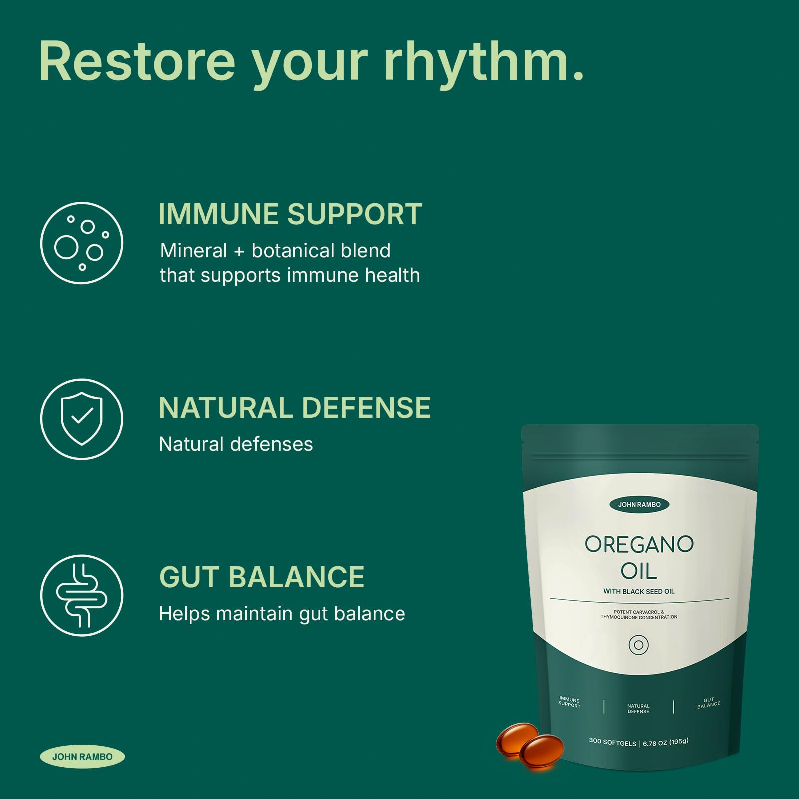 John Rambo Oil of Oregano with Black Seed Oil label emphasizes clean formula
