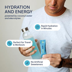 HydroBelle blue razz powder dissolving in a glass for a refreshing, sugar-free drink.