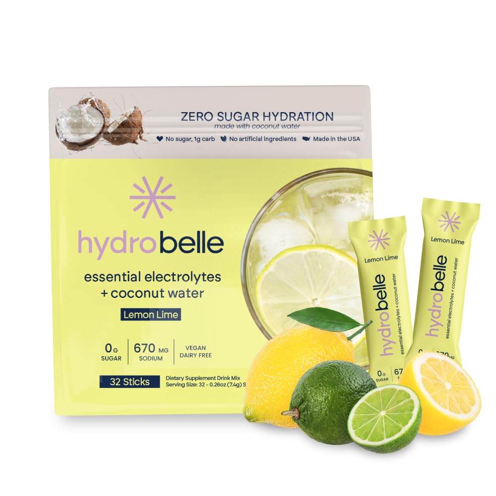 JoinBelle HydroBelle electrolyte packet beside a water bottle for on-the-go hydration