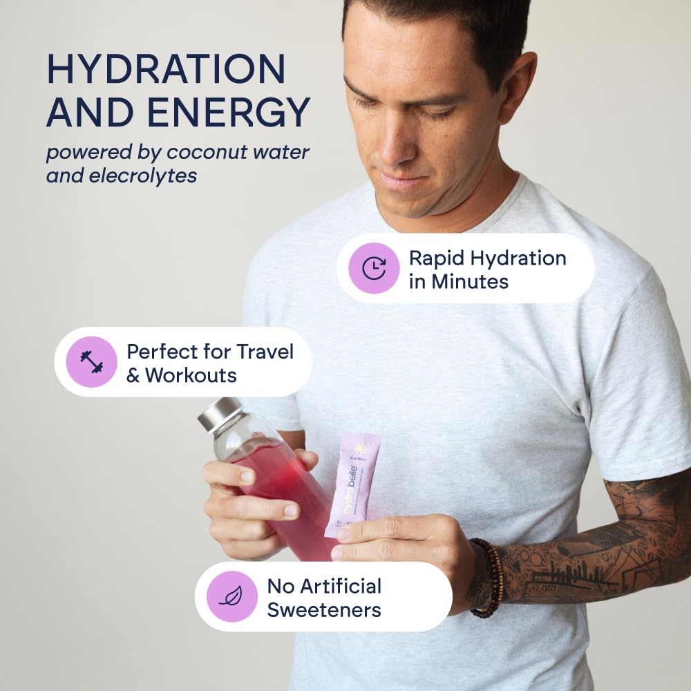 HydroBelle powder being poured into water for refreshing, sugar-free hydration.