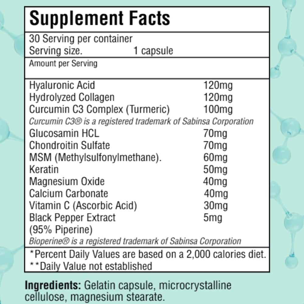 JOINT MARY turmeric-curcumin complex with hydrolyzed collagen for antioxidant support.