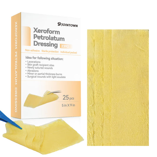 Jointown Xeroform 5x9 dressing on skin provides gentle, non-stick wound coverage.