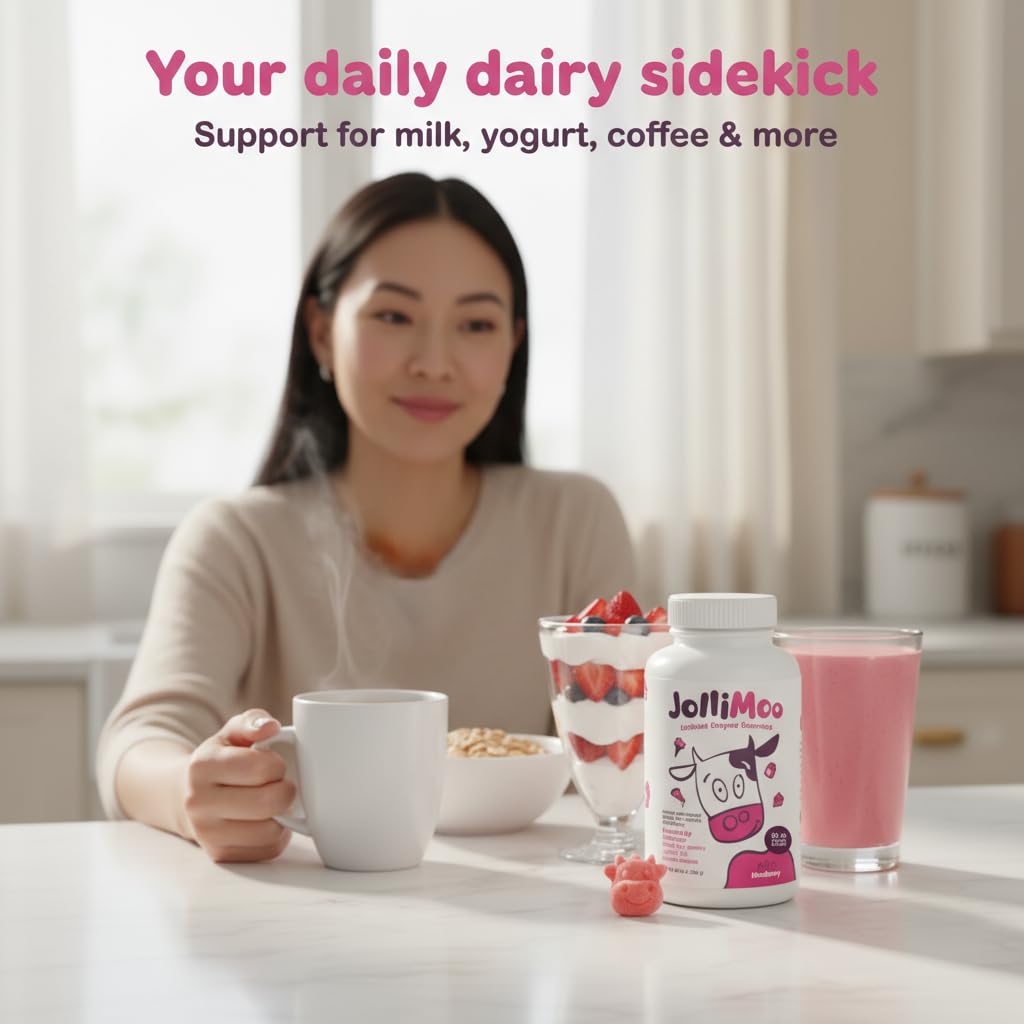 JolliMoo Moozyme label closeup highlights 9000+ FCC lactase enzyme.