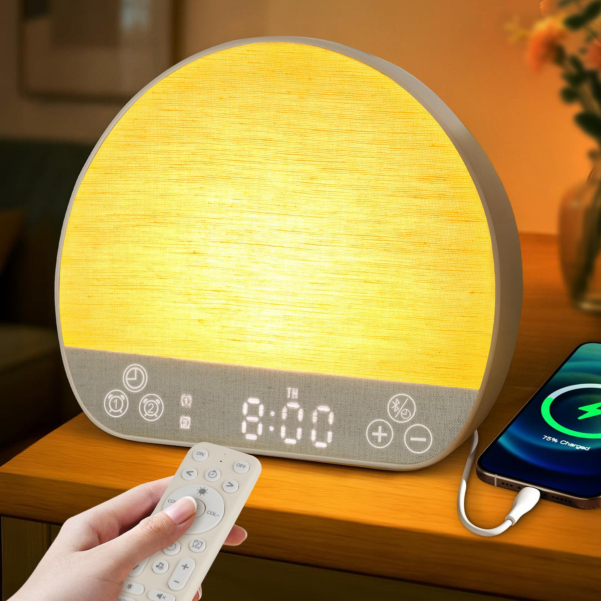JONRRYIN Tap Snooze Sunrise Alarm Clock top view highlights snooze for easy wake-ups