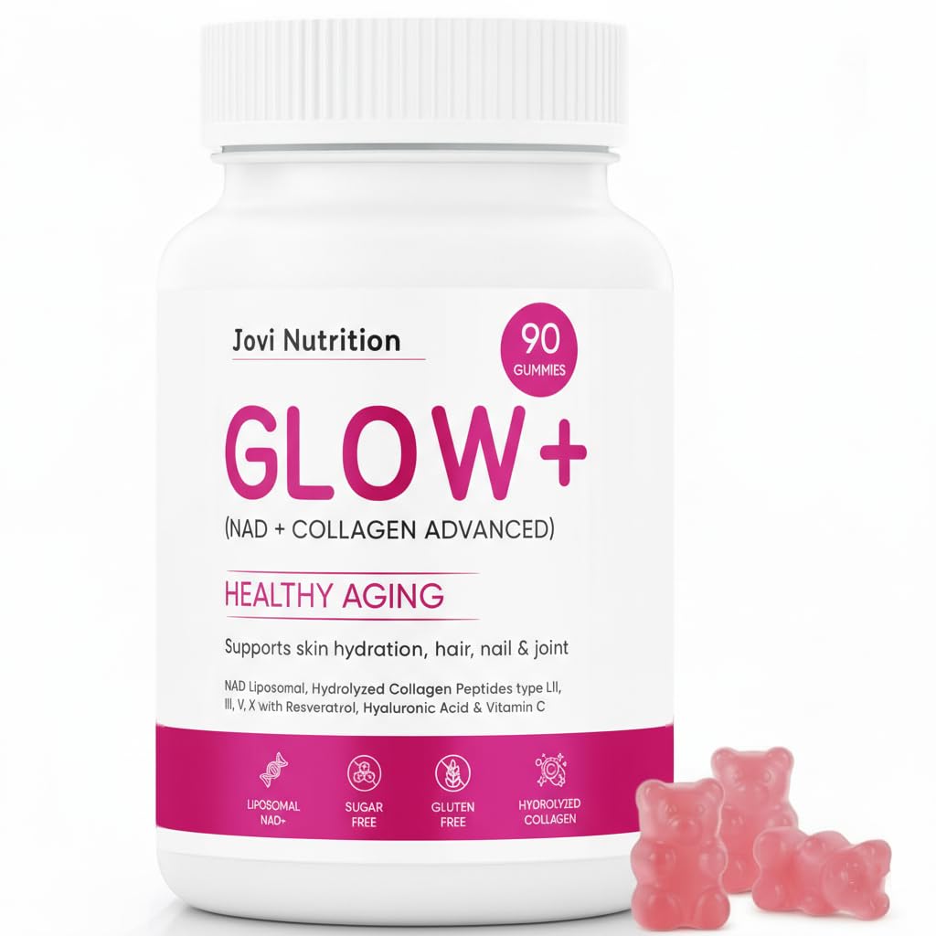 Jovi Glow+ bottle pour shows easy daily dose for skin and hair vitality.