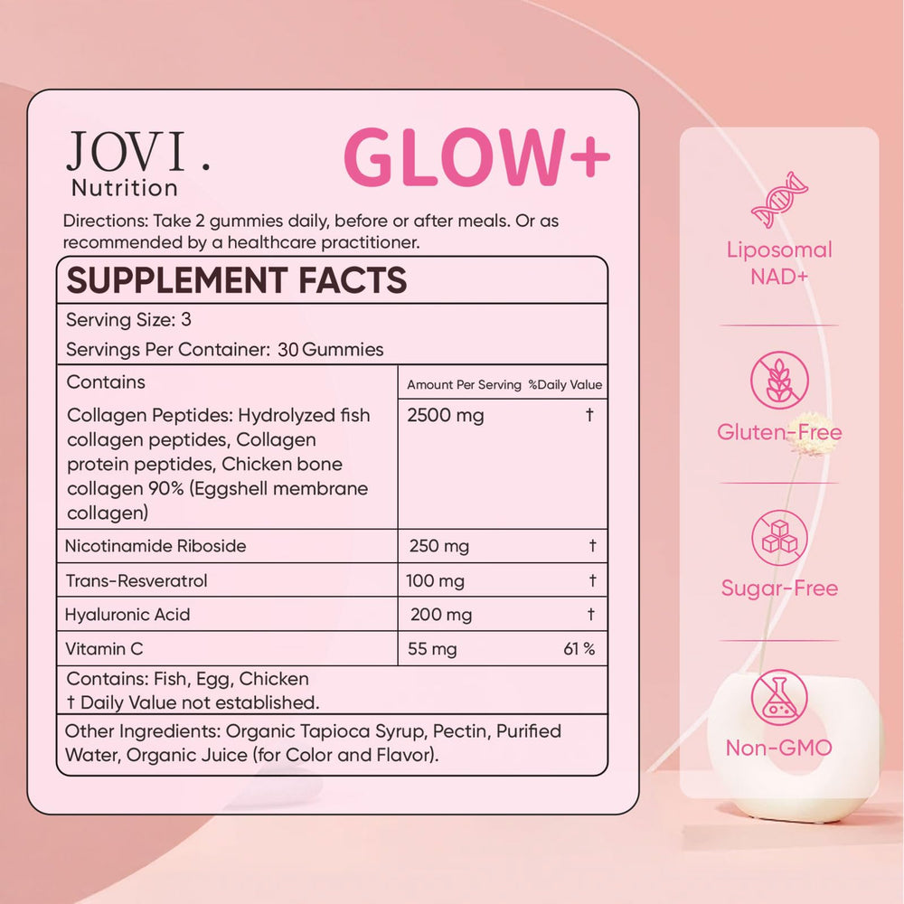 Jovi Glow+ daily serving shows three gummies per dose for convenient routine.