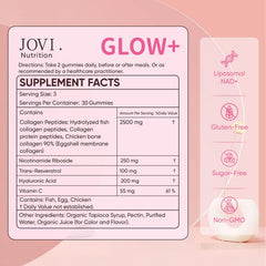 Jovi Glow+ daily serving shows three gummies per dose for convenient routine.