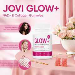 Jovi Glow+ gummies closeup highlighting natural flavors and chewy texture.