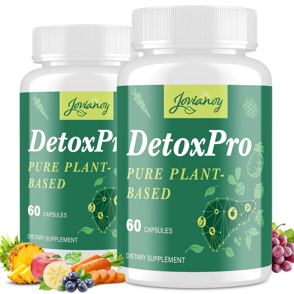 Jovianoy Detox bottle closeup, vegan capsules for daily cleansing support.