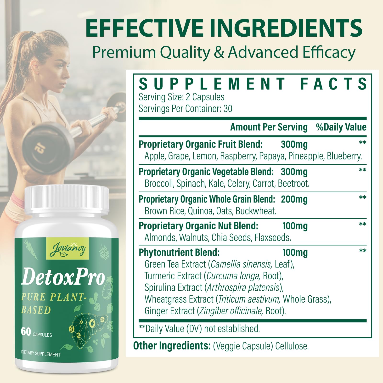 Jovianoy Detox bottle pour showing capsules ready for on-the-go routines.