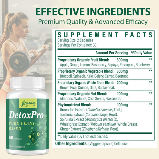 Jovianoy Detox bottle pour showing capsules ready for on-the-go routines.