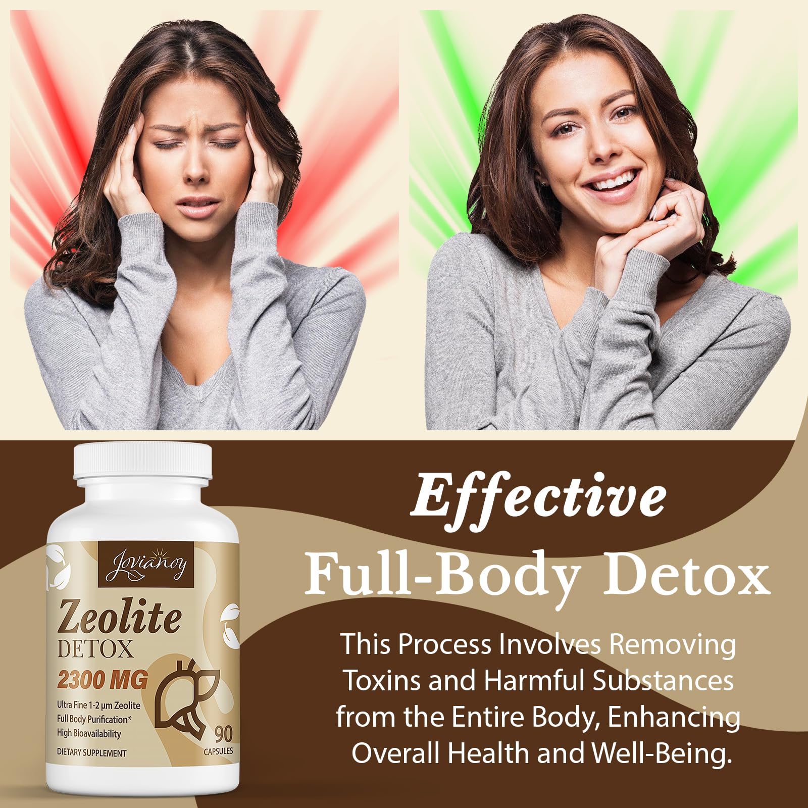 Jovianoy Zeolite Detox activated charcoal visual for gentle cleansing.