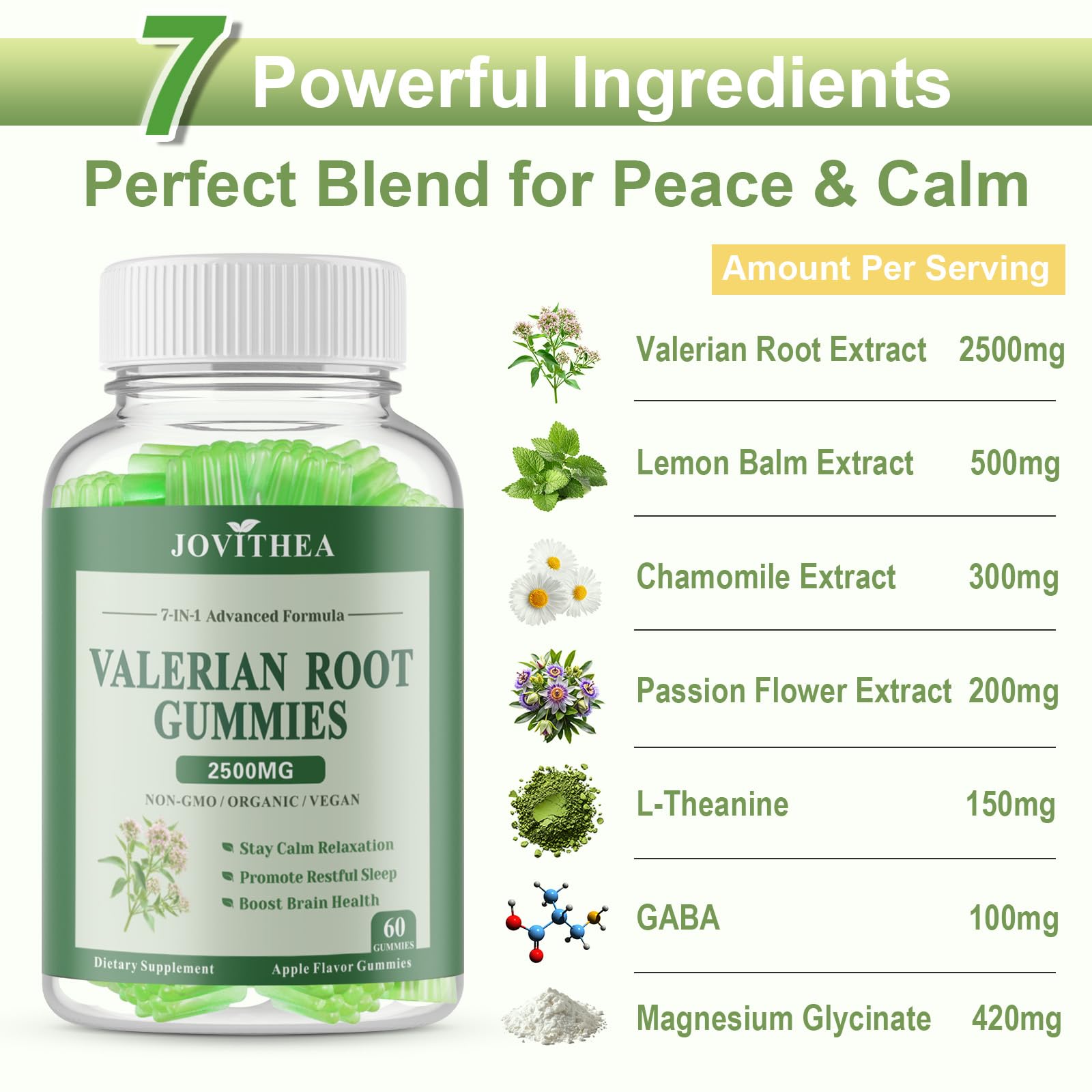 Label close-up of Jovithea gummies showing organic valerian and vegan ingredients.