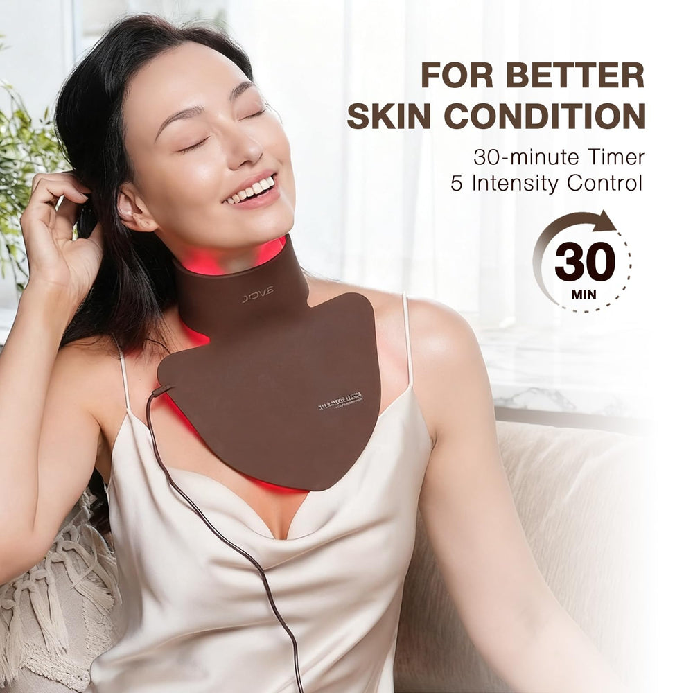 JOVS neck decollete area illuminated for targeted red light treatment.