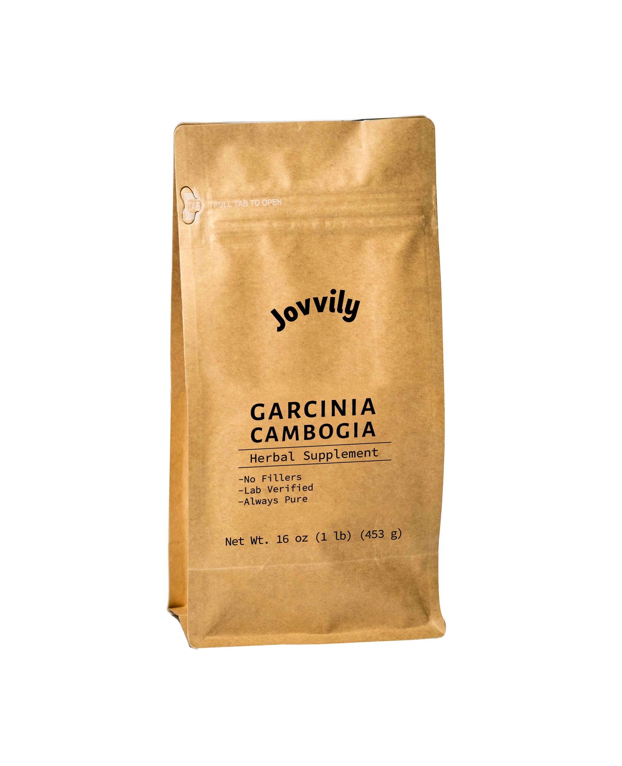 Jovvily Garcinia Cambogia powder in a resealable bag, pure and convenient daily supplement.