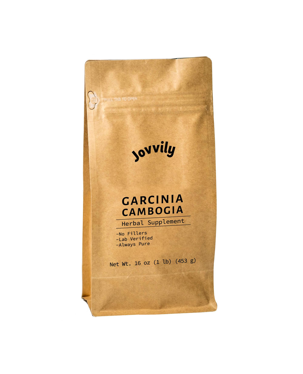 Jovvily Garcinia Cambogia powder in a resealable bag, pure and convenient daily supplement.