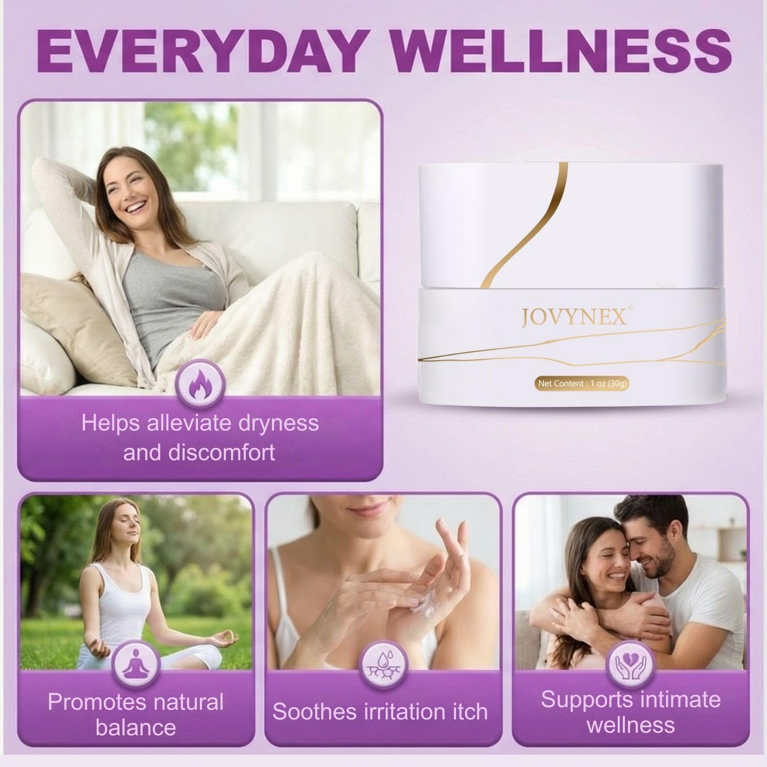 Close-up of JOVYNEX estriol cream texture shows silky, fast-absorbing formula