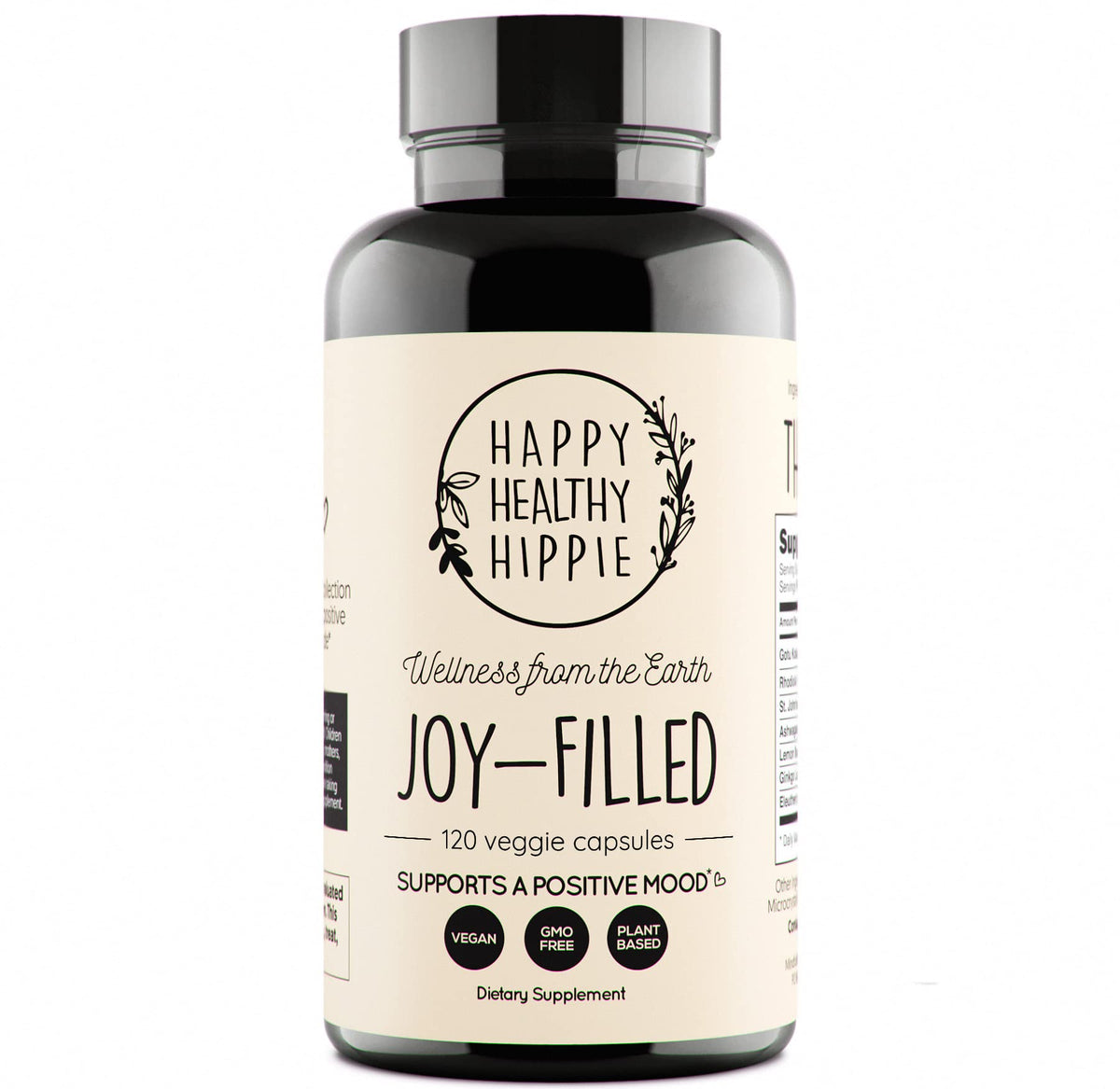Happy Healthy Hippie Joy-Filled mood support bottle label highlighting 7-herb complex