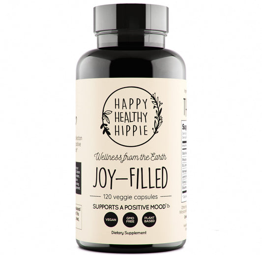 Happy Healthy Hippie Joy-Filled mood support bottle label highlighting 7-herb complex