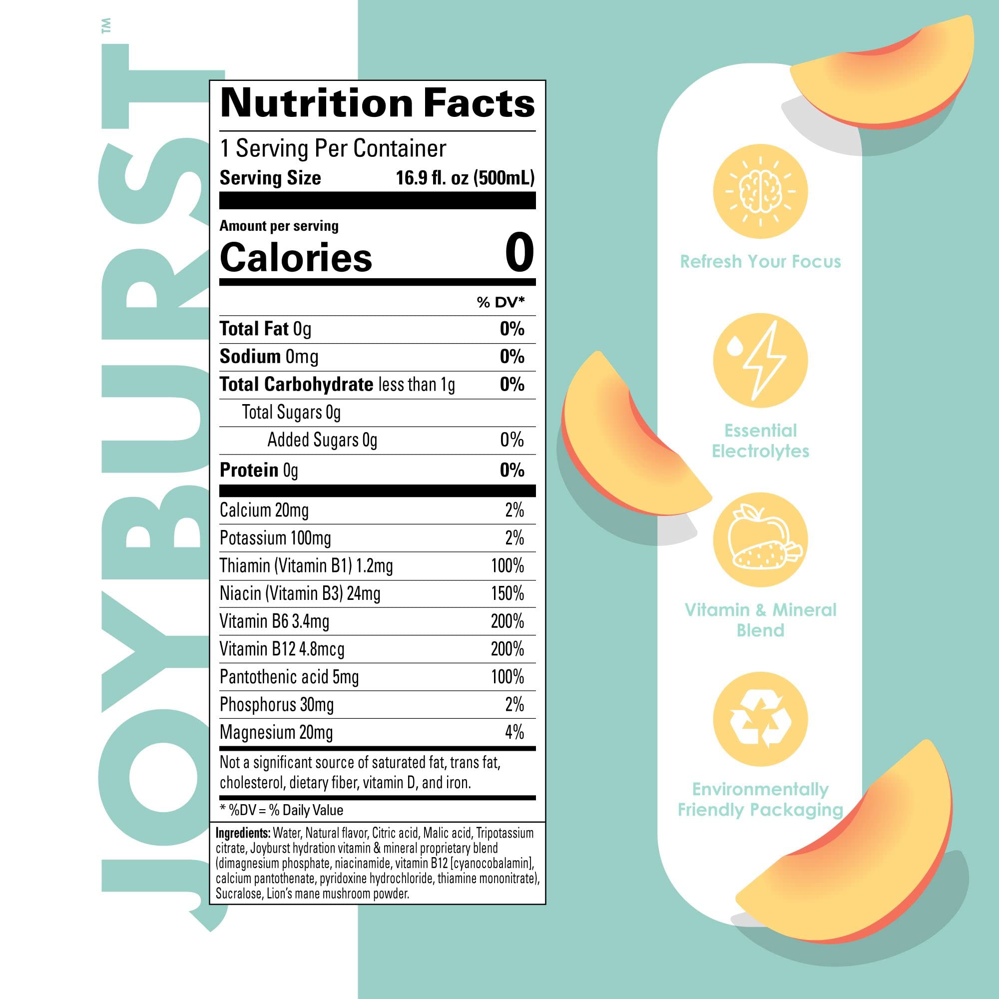JoyBurst Peach Electrolyte Water 18-pack in eco-friendly Tetra Pak packaging for sustainable hydration.