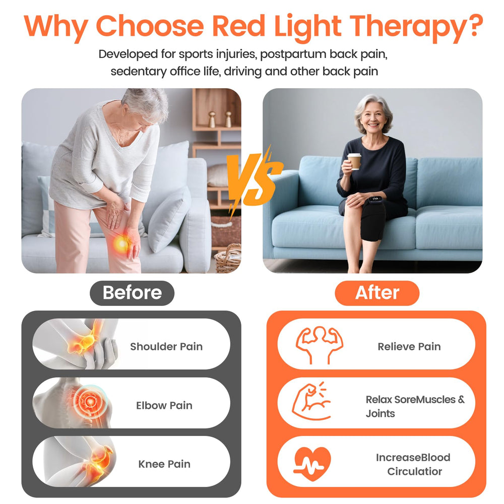 JoyJoint knee massager showing cordless use with heat levels for personalized warmth.