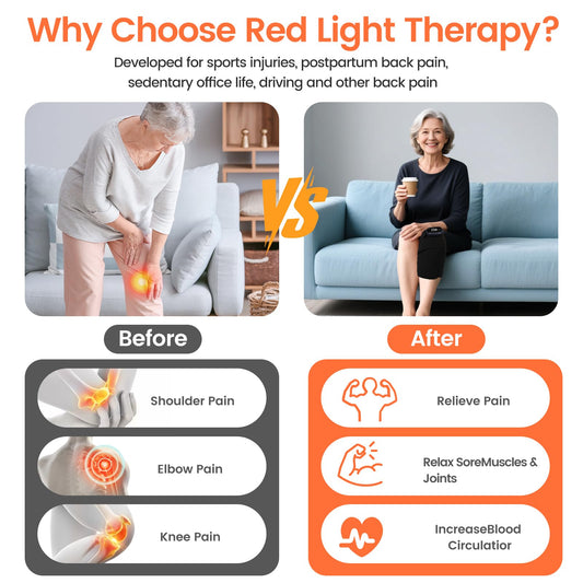 JoyJoint knee massager showing cordless use with heat levels for personalized warmth.