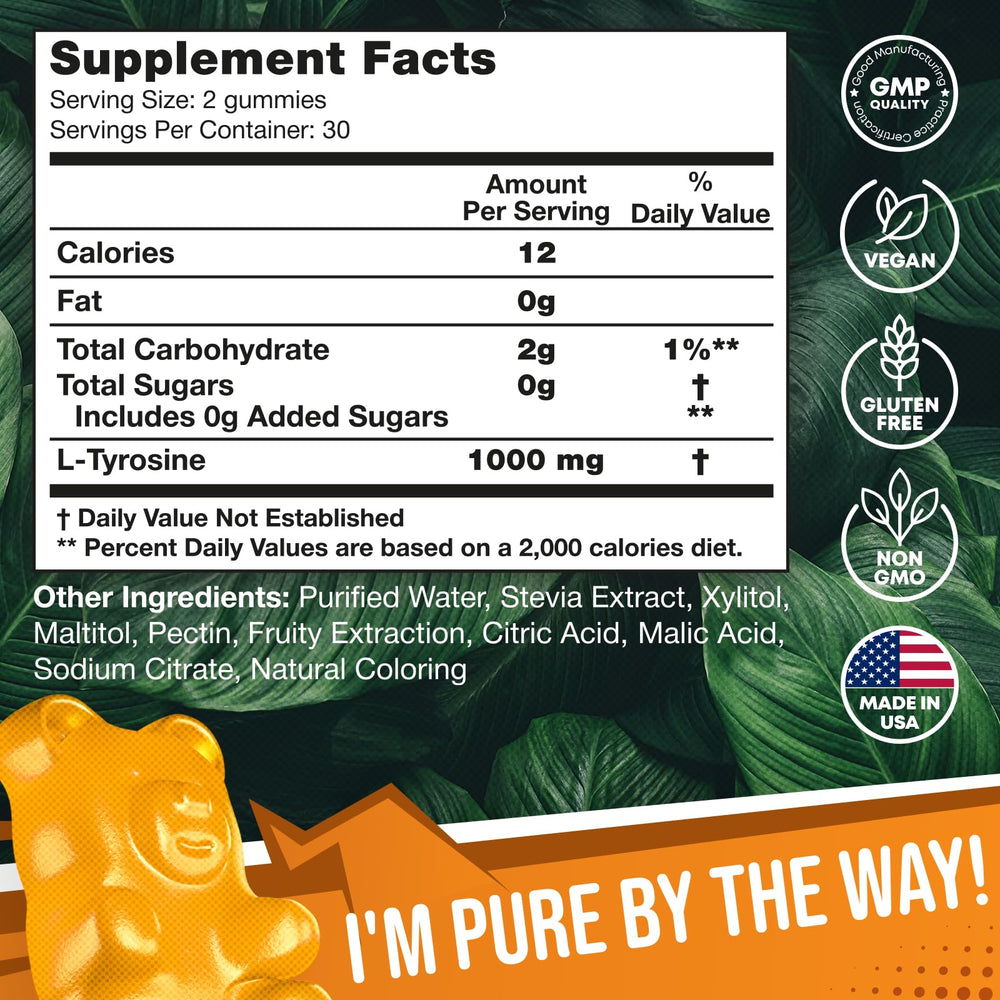 Front label of JOYLI L-Tyrosine Gummies highlighting vegan and non-GMO features