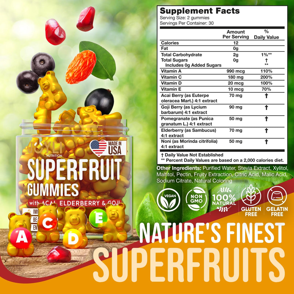 JOYLI Nutrition 2 Pack Multivitamin Fruit Gummies bottle pour shows convenient daily dose