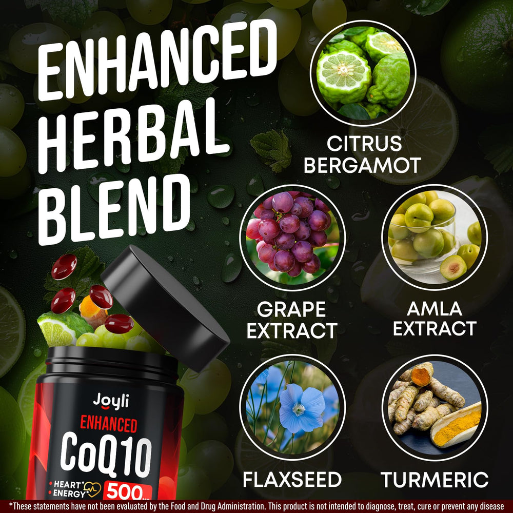 Joyli Nutrition CoQ10 500MG gluten-free seal communicates allergen-conscious formulation.