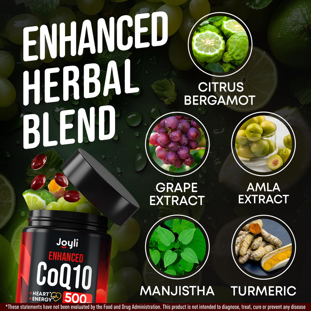 JOYLI Nutrition CoQ10 500mg made in USA badge emphasizes cGMP compliant production