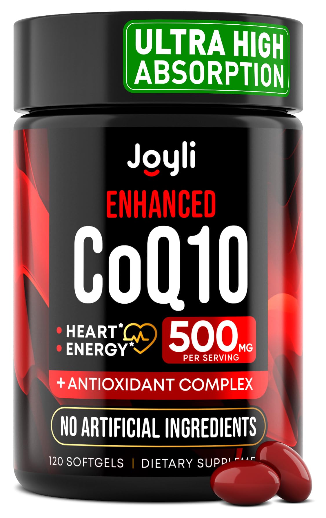 Joyli Nutrition CoQ10 500MG softgel bottle supporting daily energy and heart vitality.