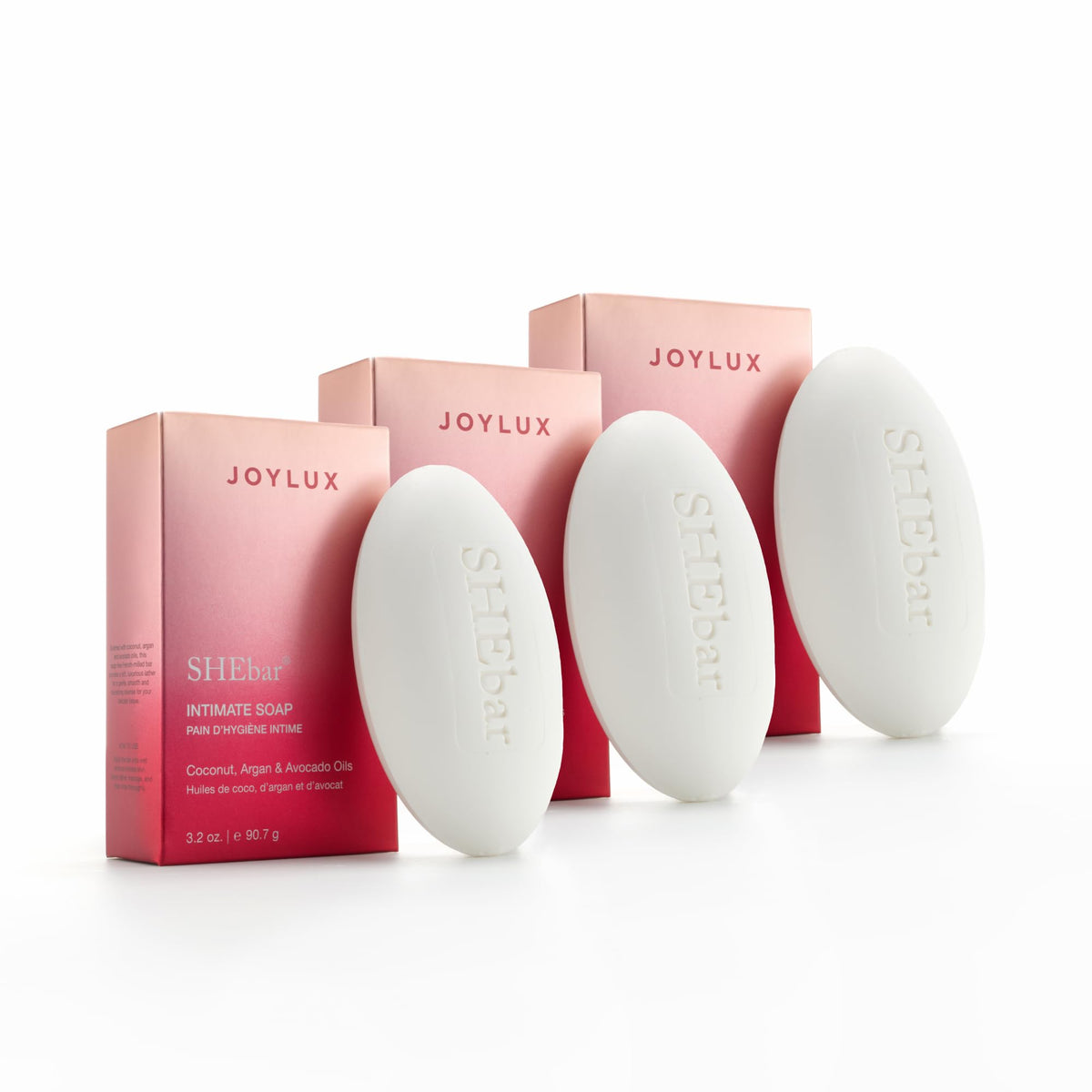 Joylux SHEBar 3-pack on surface for convenient daily cleansing.