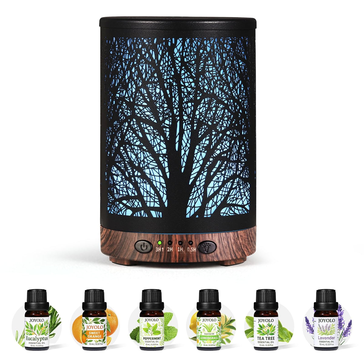 Joyolo diffuser with tree design enhances decor and gentle fragrance.
