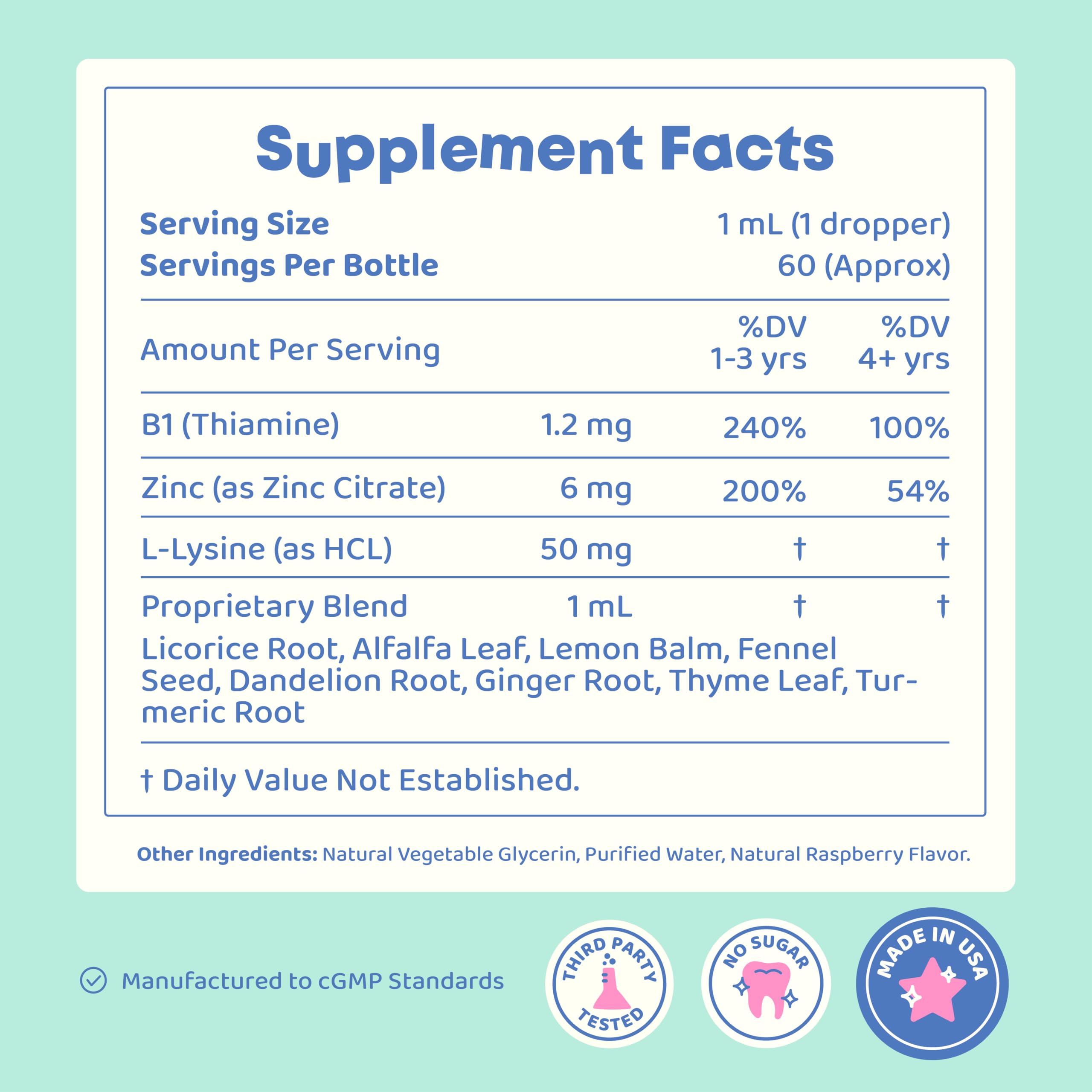 JoySpring ingredients list highlights zinc, B vitamins, and L-Lysine.