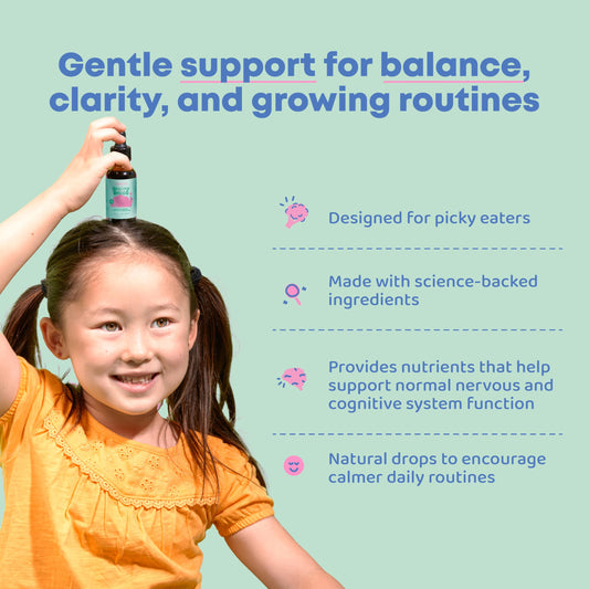 JoySpring broccoli drops kids dosage demonstrates easy one-dropper daily use.