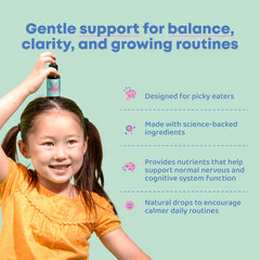 JoySpring broccoli drops kids dosage demonstrates easy one-dropper daily use.
